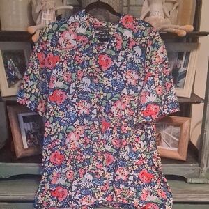 Crown & Ivy Floral Casual Button Down Shirt - Blue and Pink
